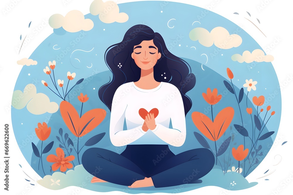Happy woman with heart feeling in love in flat style. Happy woman with heart feeling in love in flat style.