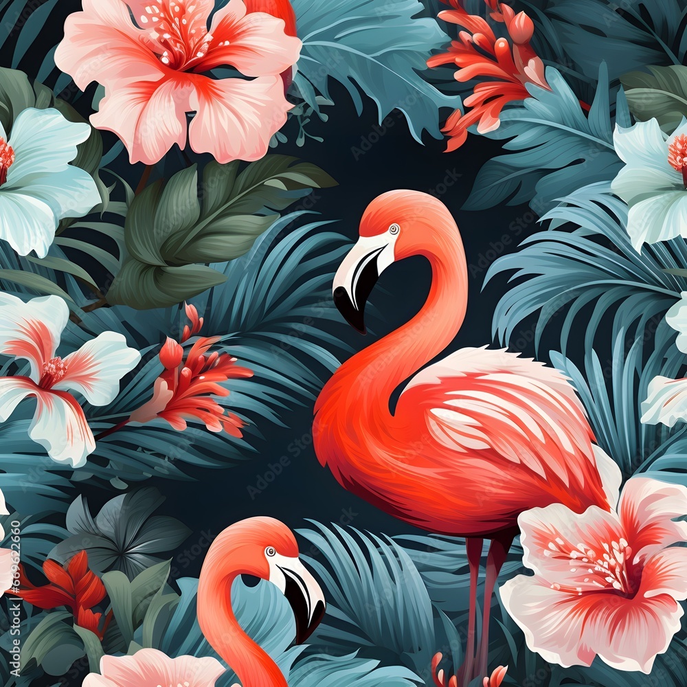 Fototapeta premium Flamingo with tropical flower and leaves seamless pattern background.