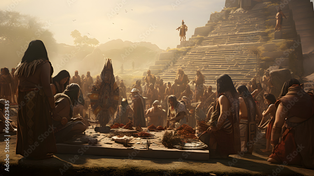 Ancient Mesoamerican ceremony with native tribes gathered around a sacred site at sunset, showcasing rich cultural rituals and intricate attire