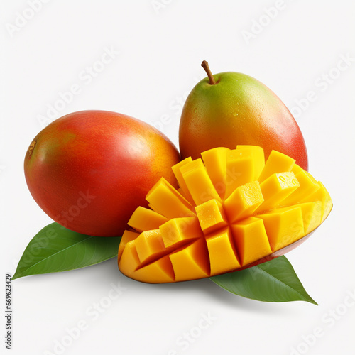 Ripe yellow mango cut in half and green leaf isolated on white background. AI Generation