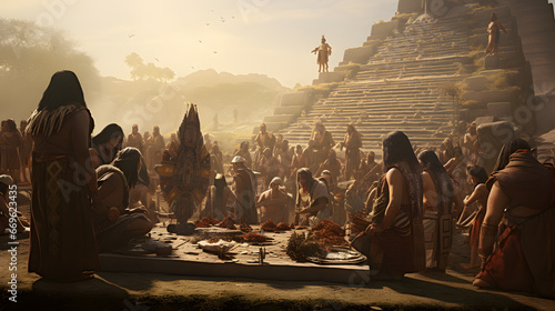 Obraz na płótnie Ancient Mesoamerican ceremony with native tribes gathered around a sacred site at sunset, showcasing rich cultural rituals and intricate attire w salonie