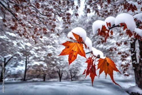 autumn leaves with deep orange color coverd with the white snow with tthe branch of trees  photo