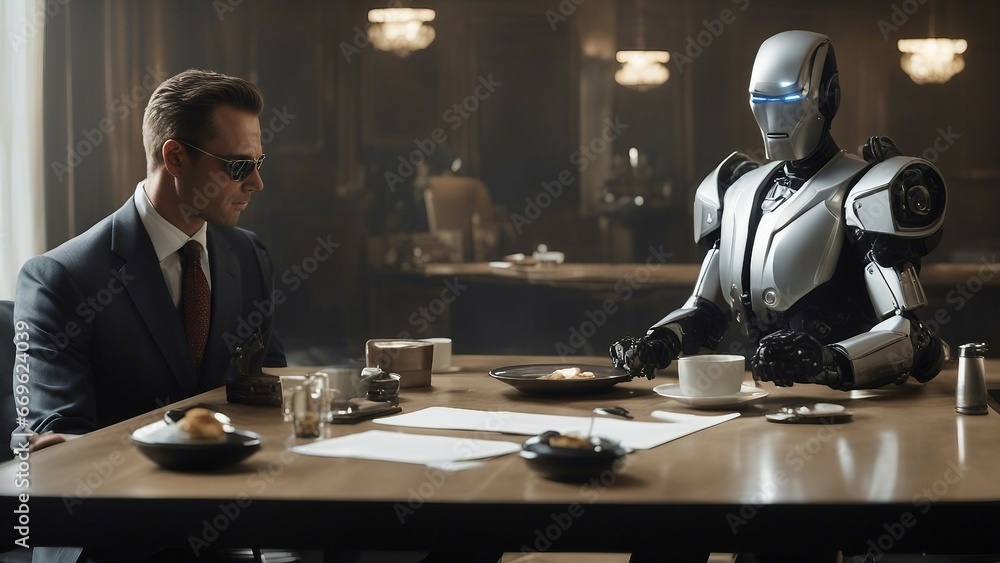 people in a meeting   man and robot discussing the down fall of humanity A human-robot hybrid 