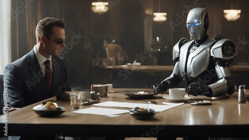 people in a meeting man and robot discussing the down fall of humanity A human-robot hybrid 