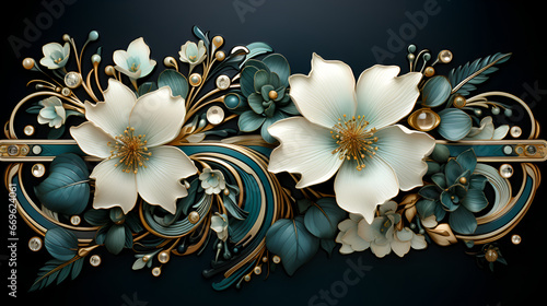 Fototapeta Naklejka Na Ścianę i Meble -  Art deco gold 3d luxury pattern. Abstract glow lines, white flowers on a green background