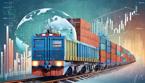 Global business of Container Cargo freight train for Business logistics concept, Air cargo trucking, Rail transportation with Big data visualization graphic graph and chart information