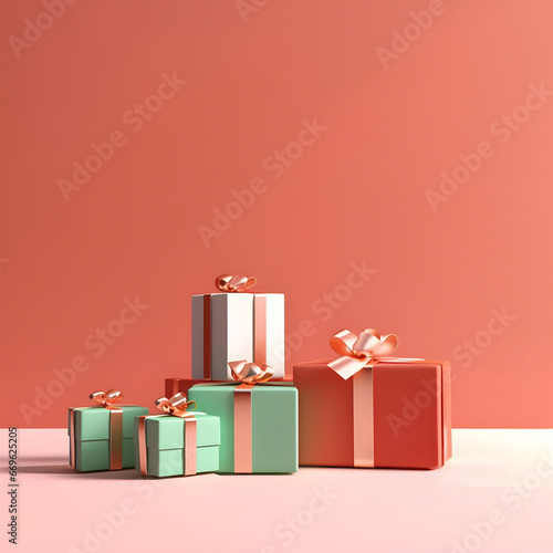 Minimal pink/terracotta/white background with pink, red and green gift wrapped boxes, stage for product design. Christmas themed. Generative AI