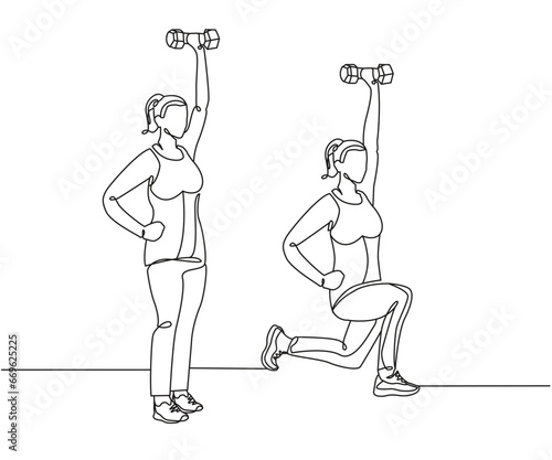 Forward lunge to overhead press exercise Line Drawing isolated on copy space white background, Dumbbell Lunge to Overhead Press exercise editable vector illustration, Continuous one line drawing art
