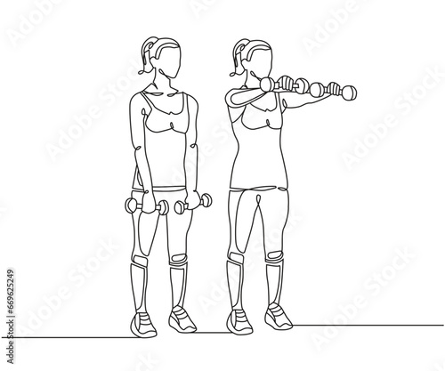 Frontal Raise exercise Line Drawing isolated on copy space white background, Dumbbell Front Raise exercise editable vector illustration, Continuous one line drawing, work out clip art