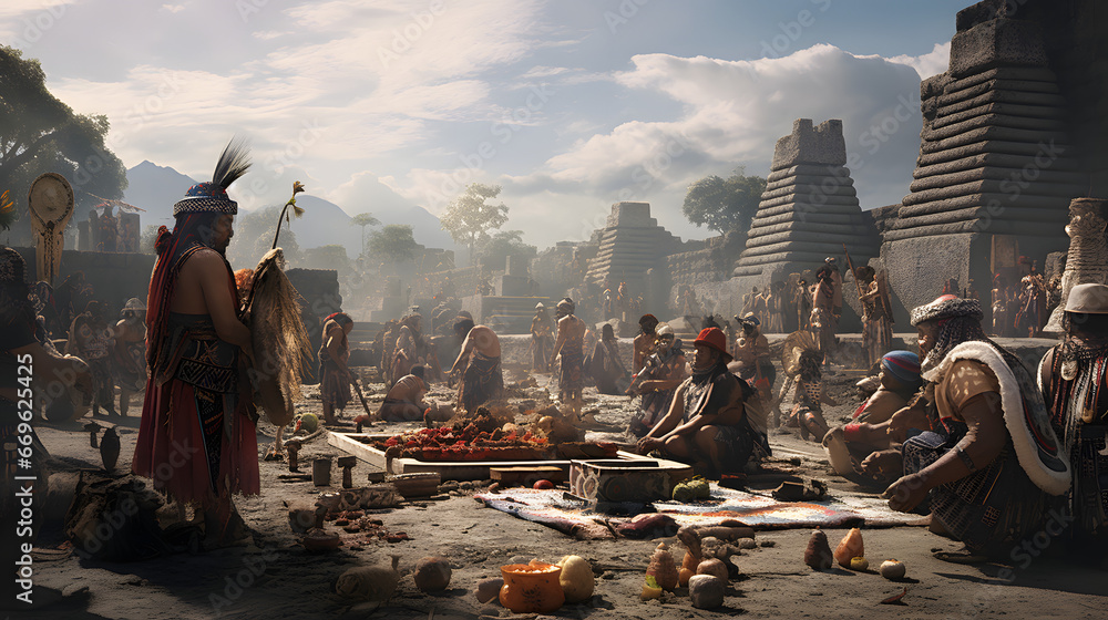 Mesoamerican marketplace scene, with tribal leaders in rich attire amidst ancient ruins, under a sunlit sky with majestic clouds