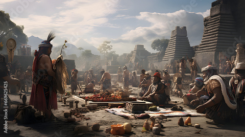 Mesoamerican marketplace scene  with tribal leaders in rich attire amidst ancient ruins  under a sunlit sky with majestic clouds