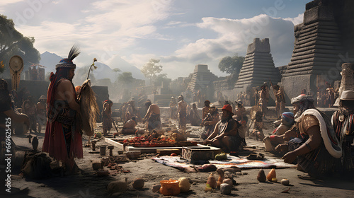 Obraz na płótnie Mesoamerican marketplace scene, with tribal leaders in rich attire amidst ancient ruins, under a sunlit sky with majestic clouds w salonie