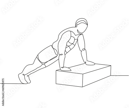 Incline push up exercise Line Drawing isolated on copy space white background, VIPR Burp Clean and Press exercise editable vector illustration, Continuous one line drawing, work out line drawing art