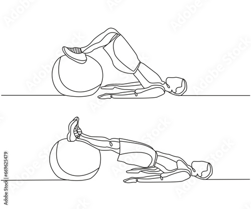 Hamstrings Curl with a Swiss Ball exercise Line Drawing isolated on copy space white background, Stability Ball Hamstring Curl exercise editable vector illustration, Continuous one line drawing design