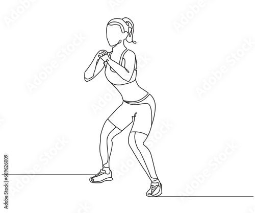 Lateral squat walk exercise Line Drawing isolated on copy space white background, Walking Squats exercise editable vector illustration, Continuous one line drawing, work out clip art