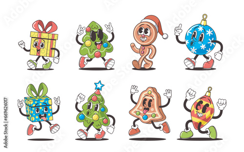 Christmas Retro Groovy Characters Set. Cool Xmas Tree in Sunglasses, Gift Box, Gingerbread Man and House