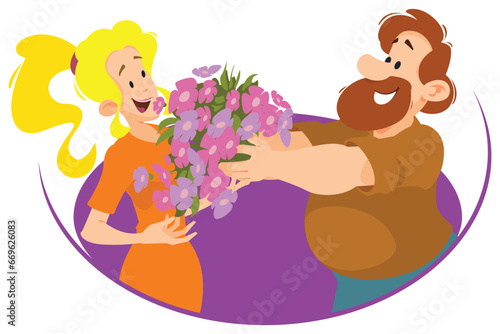 Man presents woman bouquet. Illustration for internet and mobile website.