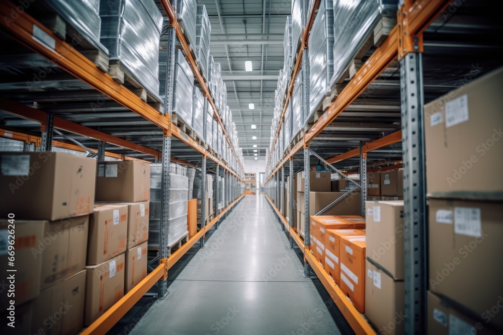 Fototapeta premium A photograph of a supply chain logistics center, showcasing the storage of products.