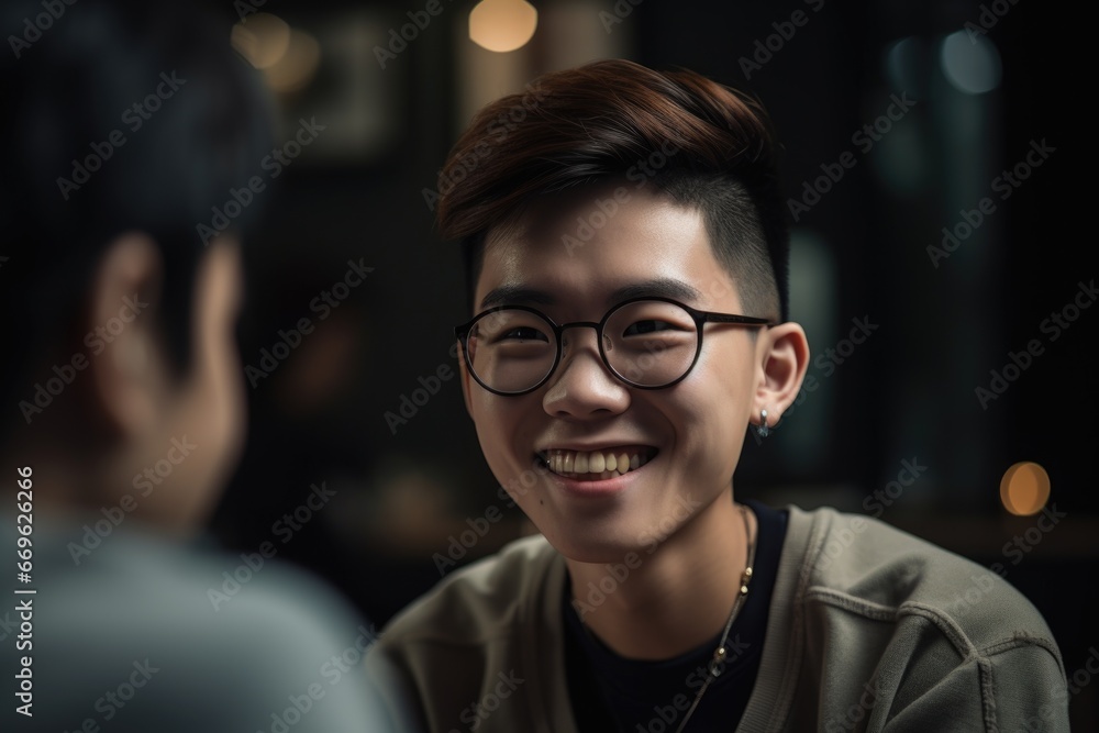 An Asian smiling teenager adolescent spending time with friends, engaged in conversation or laughter in a coffee shop, social connections, enjoyment of friendships. Generative AI An Asian smiling teenager adolescent spending time with friends, engaged in conversation or laughter in a coffee shop, social connections, enjoyment of friendships. Generative AI