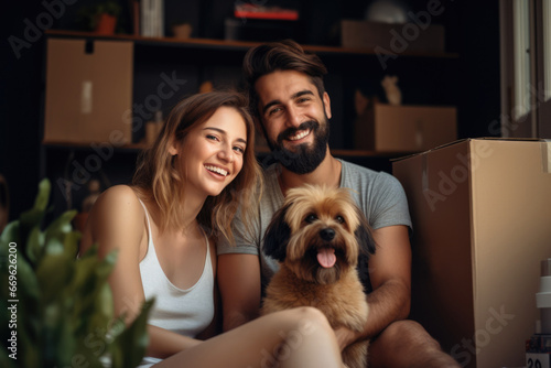 A couple sitting in the living room of a new house after moving in, surrounded by open moving boxes and holding their beloved dog. photo