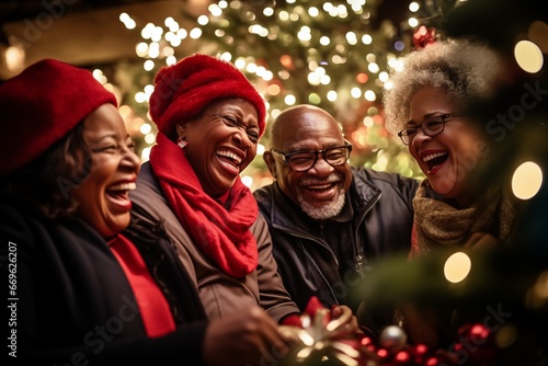 A diverse group of senior friends gathered around a beautifully decorated Christmas tree, their faces aglow with joy, taken during a cozy evening celebration. © Regina
