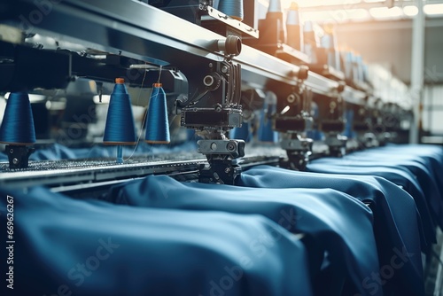 Automatic machinery in a textile manufacturing factory, weaving and sewing fabrics with meticulous accuracy, taken during the textile production process. photo