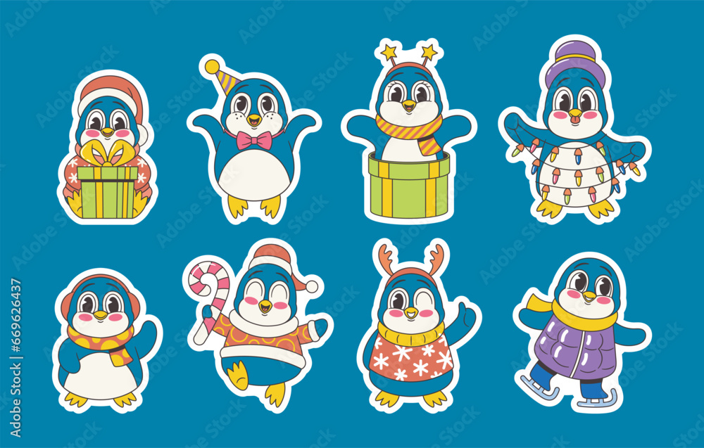Set of Stickers Holiday Christmas Retro Style Penguins. Dapper Birds Bring Vintage Charm To Festive Celebrations Set of Stickers Holiday Christmas Retro Style Penguins. Dapper Birds Bring Vintage Charm To Festive Celebrations