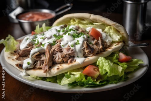The traditional and flavorful classic lamb gyro, featuring thinly sliced tender lamb, fresh lettuce and tomatoes, all topped with creamy tzatziki sauce and wrapped in warm pita bread.