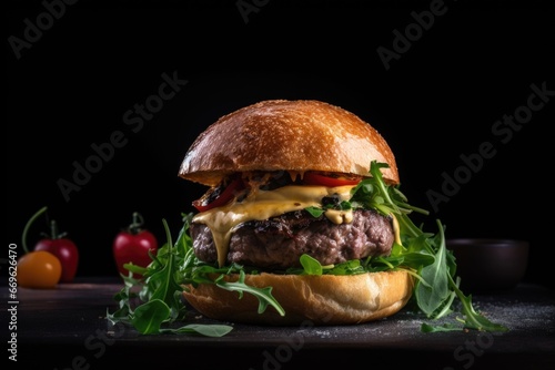 Wagyu beef patty, foie gras, truffle aioli, caramelized onions, arugula, heirloom tomatoes on a brioche bun with gold leaf, against a dramatic dark backdrop.