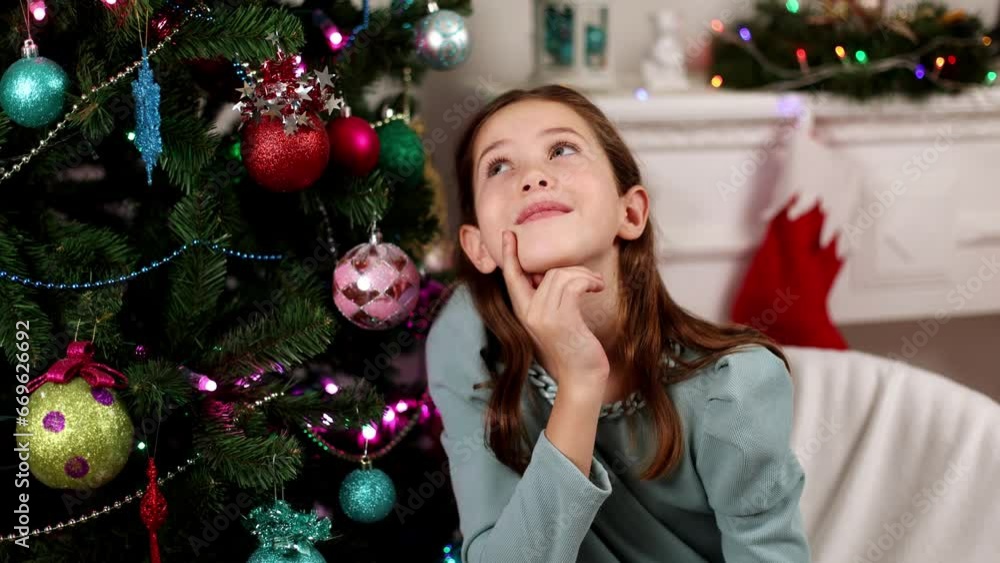 Cute teenage girl dreaming sitting near christmas tree eve. New Year, 4K Cute teenage girl dreaming sitting near christmas tree eve. New Year, 4K