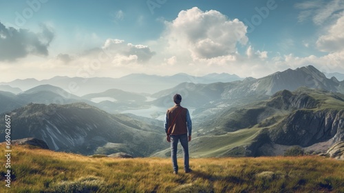 Rear view of man on mountain with beautiful landscape in front, man and nature, goal symbol