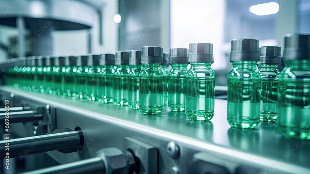 Bottling plant - Water, oil, medicines bottling line for processing and bottling into bottles. Selective focus.