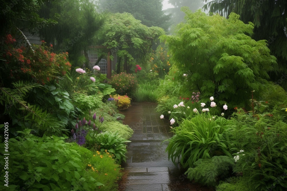 lush garden in summer rain. Generative AI