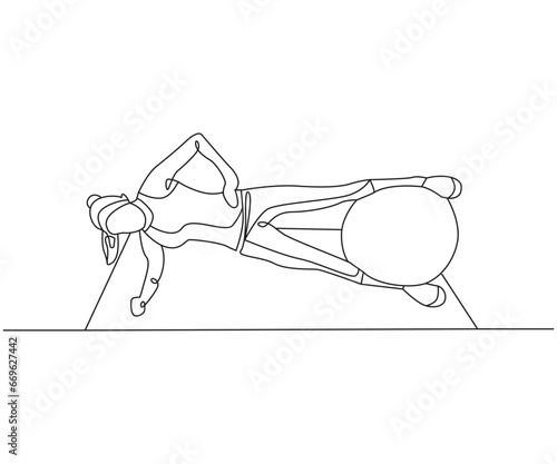 Side plank of squeezing a Swiss Ball exercise line drawing isolated on copy space white background, stability ball side plank exercise editable vector illustration, Continuous one line drawing design