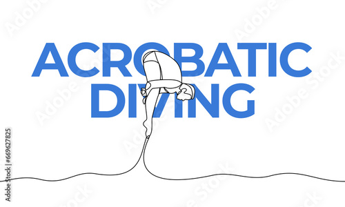 Single continuous drawing. Acrobatic diving. Water sports competition. Colored elements and title. One line vector illustration