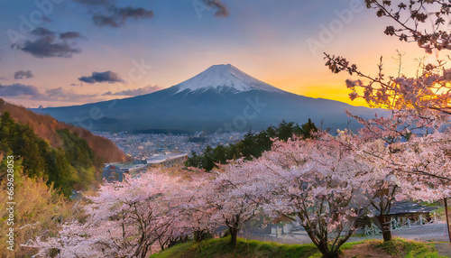 Fujiyoshida, Japan Beautiful view of mountain at sunset, japan in the spring with cherry blossoms