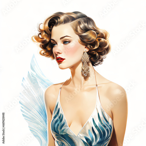 Art Deco Inspired Watercolor Illustration of a Beautiful Woman with Intricate Details