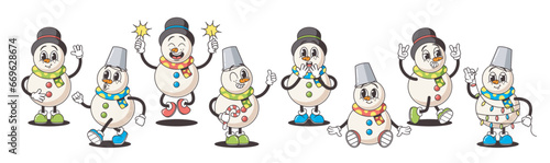 Cartoon Snowmen Characters In Retro Style Exude Timeless Charm With Carrot Noses, Coal Eyes, And Old-fashioned Scarves
