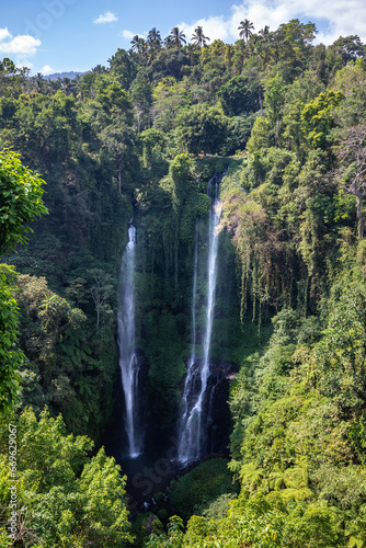 The Sekumpul Waterfall  a large waterfall in the middle of the jungle that falls into a deep green gorge. Trees and tropical plants at Bali s highest waterfall.