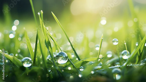 Close up of a large drop of morning dew in the grass sparkles in the rays of sunlight