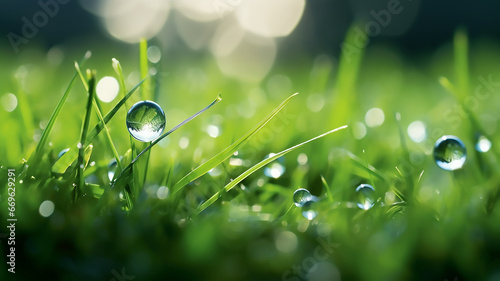 Close up of a large drop of morning dew in the grass sparkles in the rays of sunlight