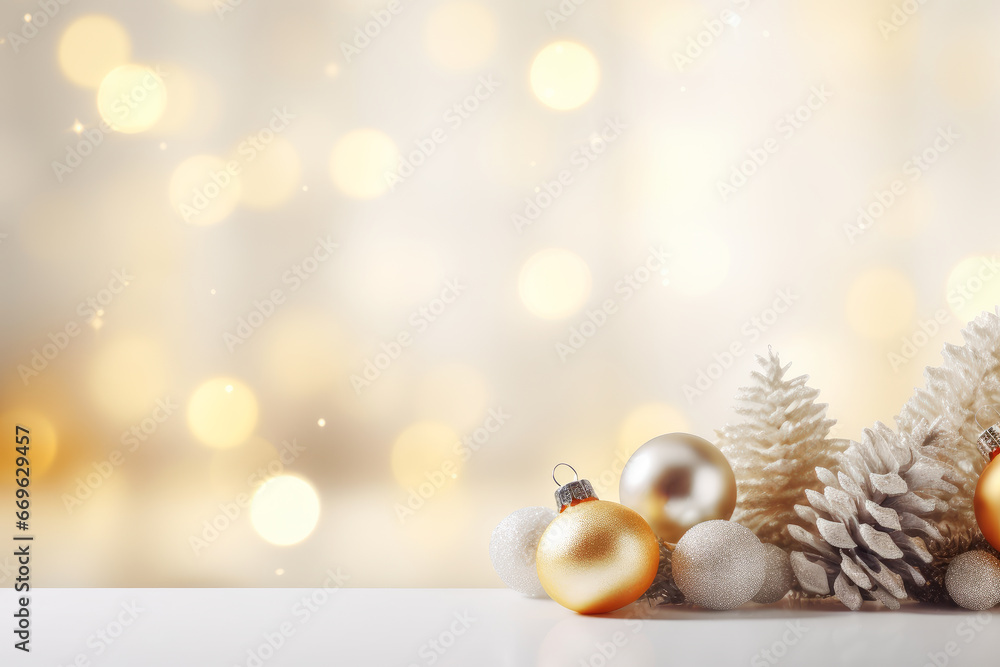 Beautiful Christmas balls on bokeh blur background. Merry Christmas and Happy New Year background with space for copy. 