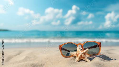 Sunglasses, starfish, turquoise flip-flops on sandy tropical beach