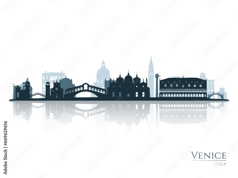 Venice skyline silhouette with reflection. Landscape Venice, Italy. Vector illustration.
