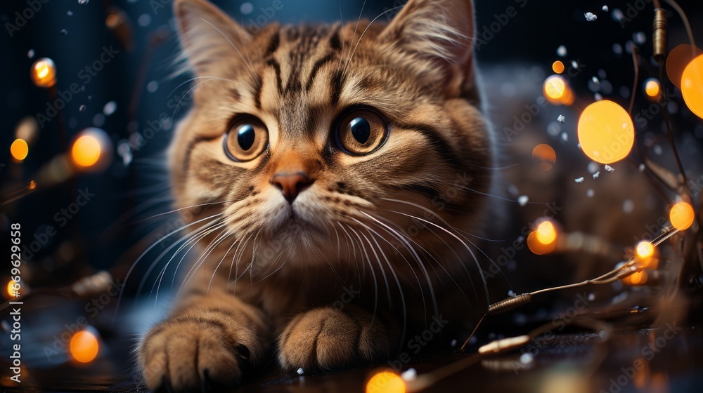 cat in the night, image of adorable cute chunky cat with Christmas background, generative ai