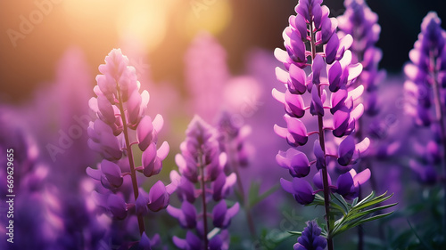 purple lupine flowers with beautiful atmospheric lighting on bright spring summer sunny day in nature photo