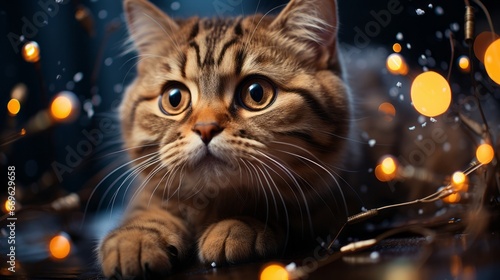 cat in the night, image of adorable cute chunky cat with Christmas background, generative ai