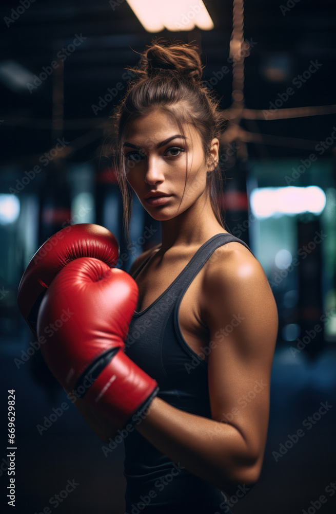 Portrait of female boxer wearing red gloves. Fitness young woman with muscular body preparing for boxing training at gym.