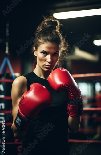 Portrait of female boxer wearing red gloves. Fitness young woman with muscular body preparing for boxing training at gym.