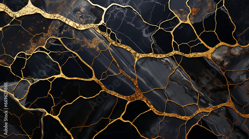 Black marble and agate mosaic with golden veins  Japanese kintsugi technique  fake painted artificial stone texture  marbled wallpaper